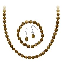 Sterling Silver Freshwater Cultured Brown Pearl Necklace, Bracelet Earring Jewelry Set