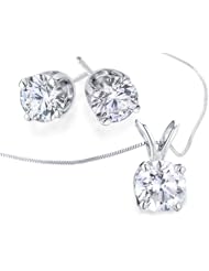 Diamond Solitaire Necklace & Stud Earrings Set 1.0 Carat (ctw) in 10K White Gold