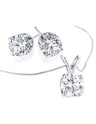 Diamond Solitaire Necklace & Diamond Stud Earrings Set 1.0 Carat (ctw) in 14K White Gold
