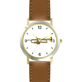 Trumpet or Cornet Musical Instrument - Music Theme - WATCHBUDDY� DELUXE TWO-TONE THEME WATCH - Arabic Numbers - Brown Leather Strap-Size-Children's Size-Small ( Boy's Size & Girl's Size )