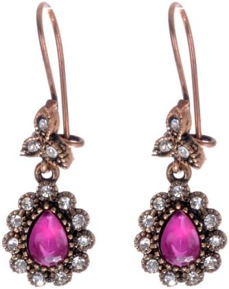 Antique Drop Pear Shape Floral Filigree Ruby Gemstone Diamond Accent Blood Red Hurrem Sultan Style Vintage Earrings