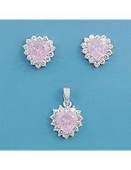 Sterling Silver Elegant Wreathed Design Light Pink Love Heart Pendant and Earrings Jewelry Set with Clear CZ