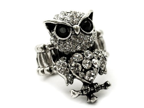 Beautiful Nine Ice/Clear Crystal Covered Owl on Branch Ring on Adjustable Stretch Band Antique Silver Tone