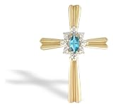 14K Yellow Gold Genuine Marquise Blue Topaz and Diamond Cross Pendant