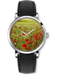 SPRAWL Aanalog Fashion Series Silver Ladies Watches of Genuine Black Leather Strap,Unique Wrist Watch for Women Girls Designed with Garden of Red Flowers