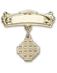14K Gold Baby Badge with Jerusalem Cross Charm and Arched Polished Badge Pin