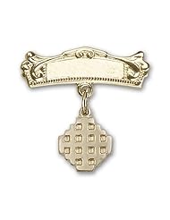 Gold Filled Baby Badge with Jerusalem Cross Charm and Arched Polished Badge Pin