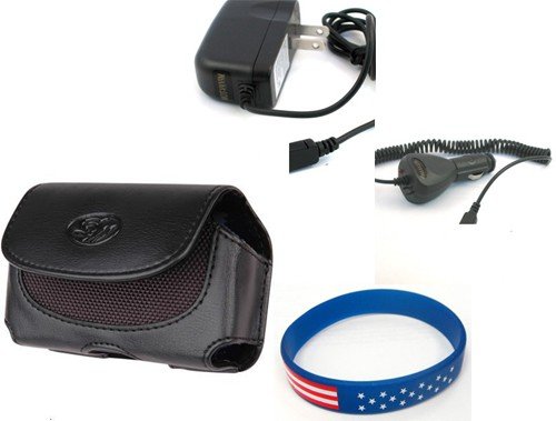 3 in1 Bundle: Black Leather Carrying Case Pouch with Belt Clip for RIM Blackberry 8530 Curve + Car Vehicle Auto charger and Wall Home Travel charger + Free Star Stripes WristBand