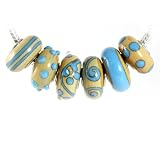 Set of Six Designs of Turquoise Blue and Tan Murano Beads: 925 Full Core Pandora-compatible Bracelet Beads