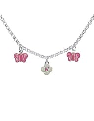 Unicornj Sterling Silver Childrens Necklace with Butterfly and Clover Charms