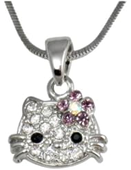 Small Adorable 1/2" Crystal Kitty Pendant and Necklace - Light Purple Flower Bow - Silver Plated