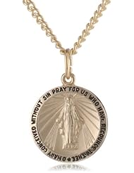 14k Gold Filled Round Miraculous Medal Madonna Pendant Necklace with Stainless Steel Chain, 20"