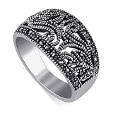 Silver Diamond cut Marcasite Band Filigree Floral Ring