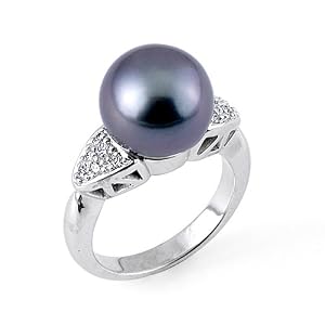 Tahitian Black Pearl Ring with Diamonds in 14K White Gold by