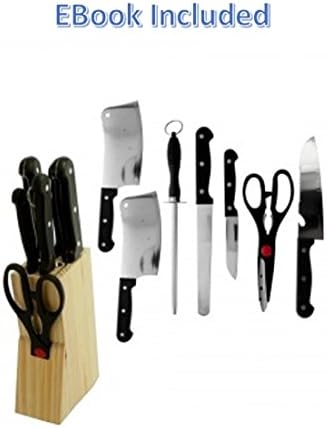 Knife Cutlery Set With Wooden Block - 7 Piece For Kitchen Comes With Bread Knife, Meat Cleavers, Chef's Knife, Kitchen Shears, Salmon Knife, Professional Sharpening Stick, Black and white Color