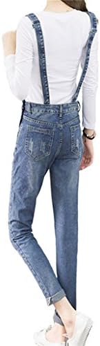 Women's Slim Fitted Scratched Vintage Denim Jumpsuit with Pockets