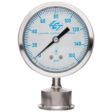 Lumenite LSPG-LM-F-C1-1/2"-160PSI Glycerine Filled Sanitary Pressure Gauge, Lower Mount, 0-160 psi, Analog Display, +/- 1% Accuracy, 1-1/2" Tri-clamp