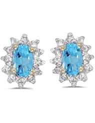Birthstone Company 14k Yellow Gold Oval Blue Topaz And Diamond Earrings