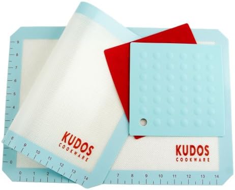 Kudos Premium Nonstick Silicone Baking Mat 2 pk Set. Compare to Silpat. LIFETIME GUARANTEE! 2 Silicone Potholders, Recipe eBook, Gift Bag ($24 Value)! 11 5/8 X 16 1/2 inches Fits Half Sheet Perfectly. ULTRA PURE Surface with Measurements Makes Baking Healthy and Easy! FDA Certified. The Highest Quality Mat Guaranteed!