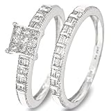 3/4 Carat T.W. Princess, Baguette Cut Diamond Ladies' Bridal Wedding Ring Set 14K White Gold - Two Rings: Ladies Engagement Ring and Ladies Wedding Band - Free Gift Box -