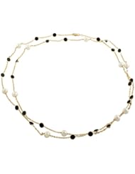 14 Karat Yellow Gold Onyx/Pearl Station Necklace (38 inch)