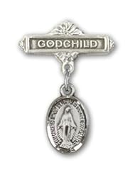 Sterling Silver Baby Badge with Miraculous Charm and Godchild Badge Pin