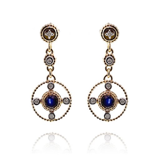 14k Yellow Gold Blue Sapphire and Diamond Circle Dangle Earrings