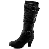 Dailyshoes Women's Slouchy Mid Calf Strappy Boots with Ankle and Top Straps - 2" Heel Fashion Boots,9 B(M) US,Black SV w/Side Pocket