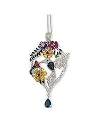Sterling Silver Enameled CZ Cubic Zirconia & Simulated. Gemstones Hummingbird 18in Necklace - Antique Boutique - Vintage Style - Jewelry