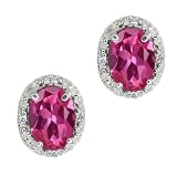 1.75 Ct Oval Pink Tourmaline and Cognac Red Diamond Argentium Silver Earrings