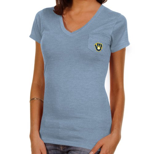 Milwaukee Brewers Ladies Spectrum Tri-Blend V-Neck T-Shirt - Light Blue (Medium)