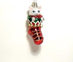 White Kitten in a Stocking Glass Ornament