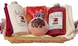 Wellness Geschenkset " Asia Orchidee " 7 tlg., Asia Orchidee Duschbad und Shampoo, Bodylotion, Naturseife, Badebombe, 2x Handtuch 30/50 creme - weiß und lila - pink im Bambuskorb