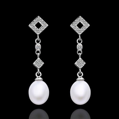 DUMAN Stainless Steel Freshwater White Pearl Drop & Dangle Earrings with Swarovski Crystal Beads