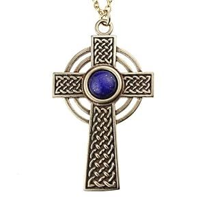 Small Celtic Cross with 8mm Lapis Lazuli Gemstone on Rolo Chain