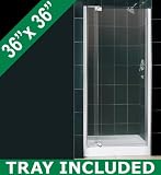 DreamLine ALLURE Clear Glass Shower Door & TRIO Base Kit 30 to 37 Adjustable Shower Door with 36 x 36 Center Drain BaseChrome Finish Hardware; Clear Glass; Center Drain Base