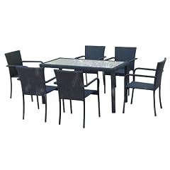 Ambientehome 64000 Essgruppe Lubango 7-teilig, Stapelstuhl mit Armlehne ca. 140 x 70 cm, Polyrattan, schwarz