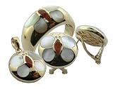 White Mother Of Pearl and Red Jade Butterfly Contour Earring, Ring and Pendant Set with Diamonds, 14k Gold