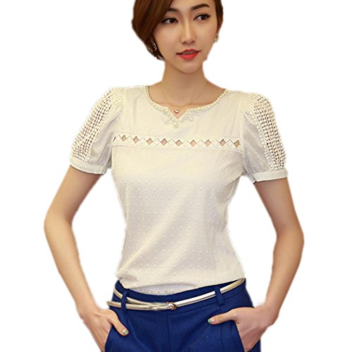 Finejo Women V Neck Chiffon Shirt Hollow Short Sleeve Blouse