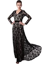 Hot Sale Black Long Sleeved Lace V-Neck Evening Gown