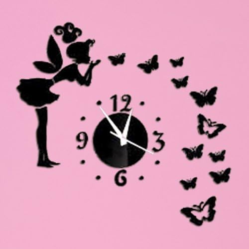 Apexshell(TM) DIY Decorative Creative Angel Fairy and Butterfly Wall Clock Crystal Mirror Wall Silent Clock Fashion Modern Design Removable DIY Acrylic Mirror Wall Decal Wall Sticker Decoration for Home Living Room Kitchen Bedroom Baby or Child Room