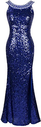 Angel-fashions Women s Round Neck Beading Sequin Backless Slit Party Dress Large Blue
