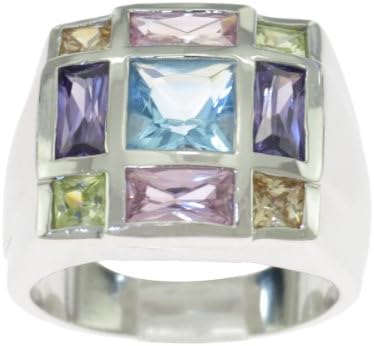 Size 7 - 925 Sterling Silver Multi-Color CZ Cubic Zirconia Square Ring