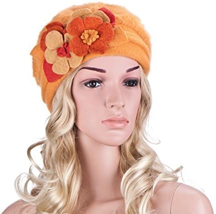 Womens Winter Angola Rabbit Fur Wool Flower Trim Beanie Cap Crochet Hat A036 (Yellow)