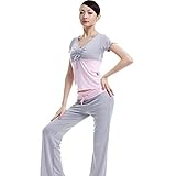 Great Value Yoga Clothing Summer Short-sleeved Yoga Clothing Suits (Light Gray + Pink) Size L