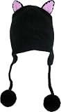 DeLux Kitty Cat Ears Black Wool Pilot Animal Cap/Hat with Ear Flaps and Poms