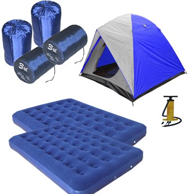 4 Person Dome Tent, 2 of Double Size Air Mats, 4 of 3lb Sleeping Bags, and Pump Combo