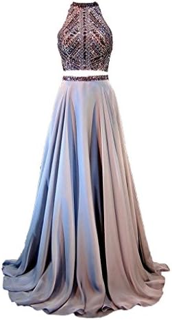 Paradisewedding Halter Crystals Sequins Beaded Open Back Two Pieces Long Prom Dress Grey US4