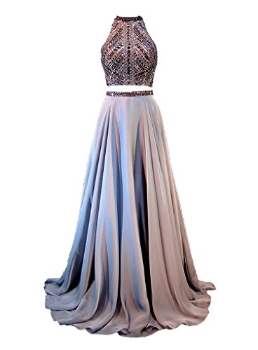 Paradisewedding Halter Crystals Sequins Beaded Open Back Two Pieces Long Prom Dress Grey US4