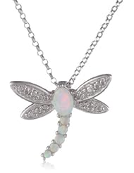 Sterling Silver Diamond Accent Created Opal Dragonfly Pendant Necklace, 18"